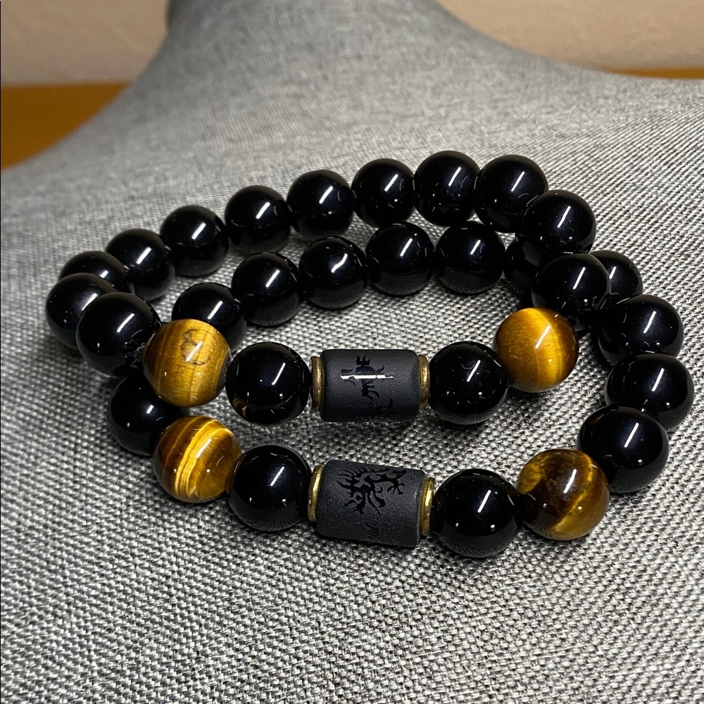 Estate Tiger Eye and Black Stone Beaded Bracelet Set